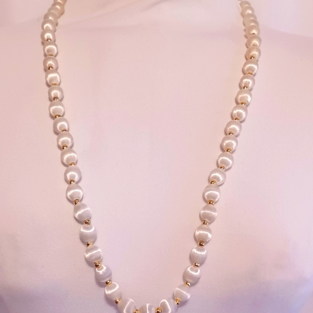 Vintage Satin Spun Silk Bead Necklace 28" Gold Tone Spacers White